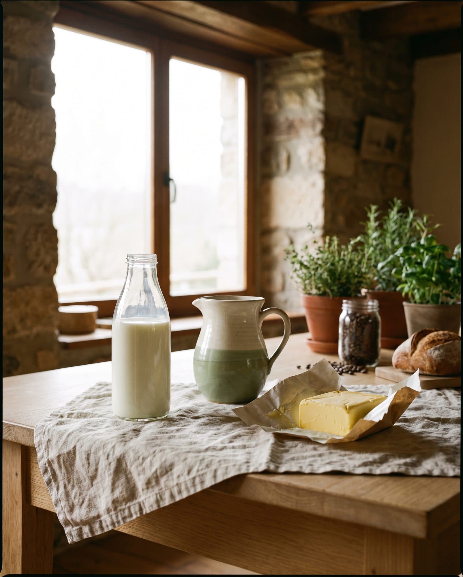 Leche fresca y mantequilla de granja sobre la mesa