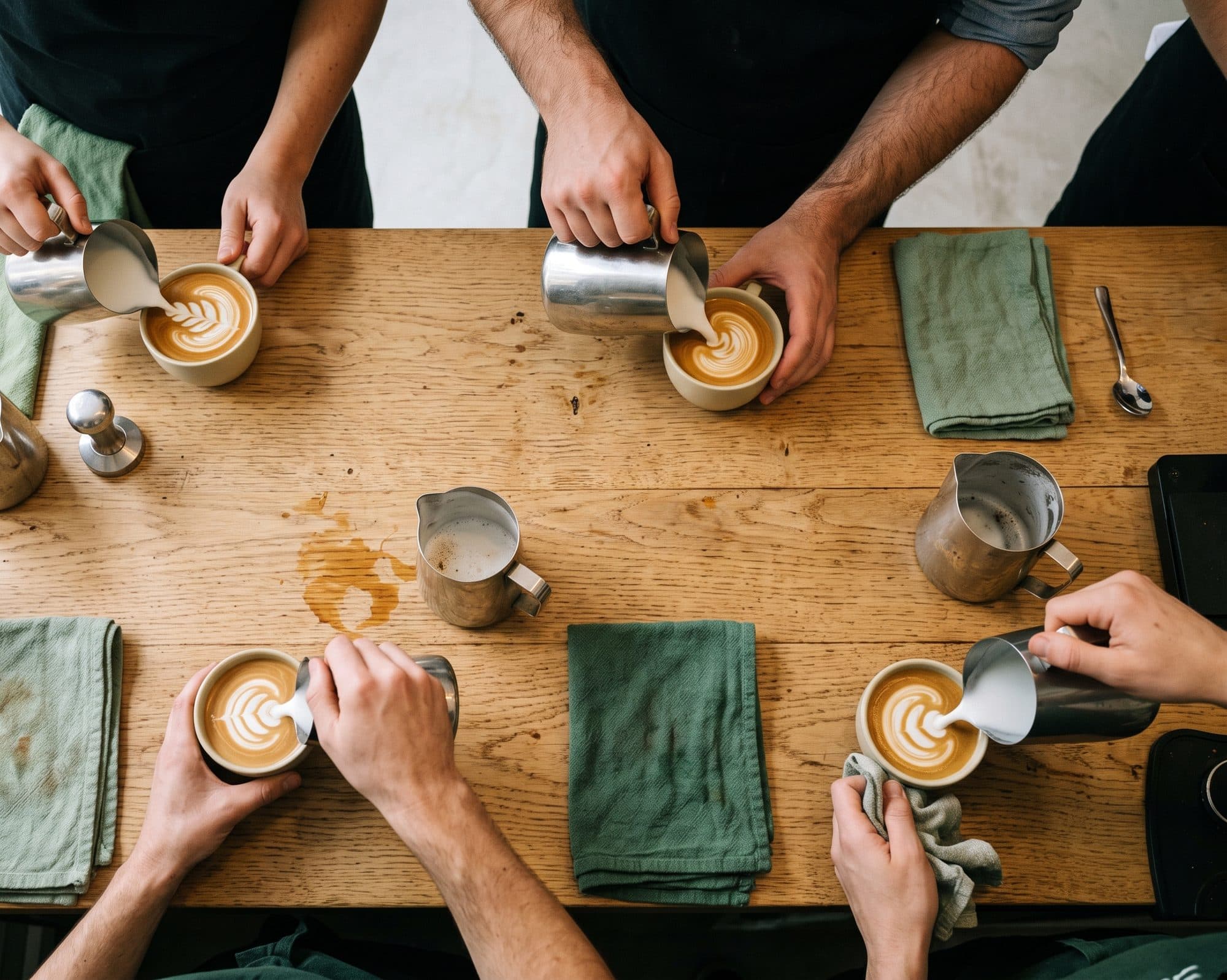 Manos de alumnos practicando latte art en una clase
