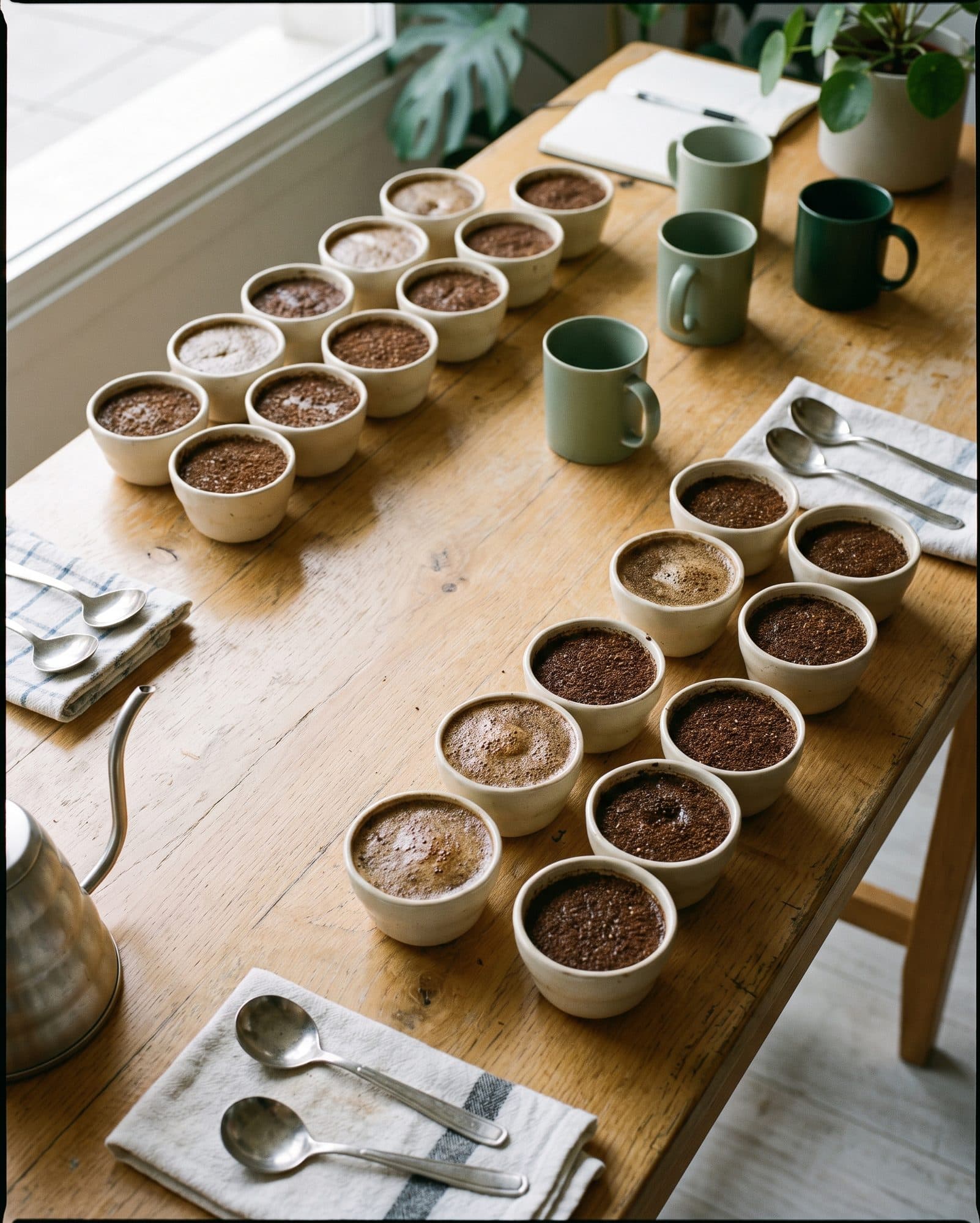 Mesa de cata de café con cuencos y cucharas