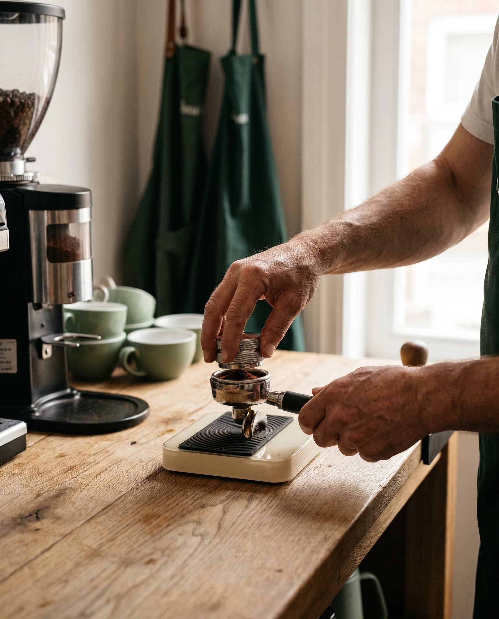 Barista calibrando un espresso con el molino y la báscula