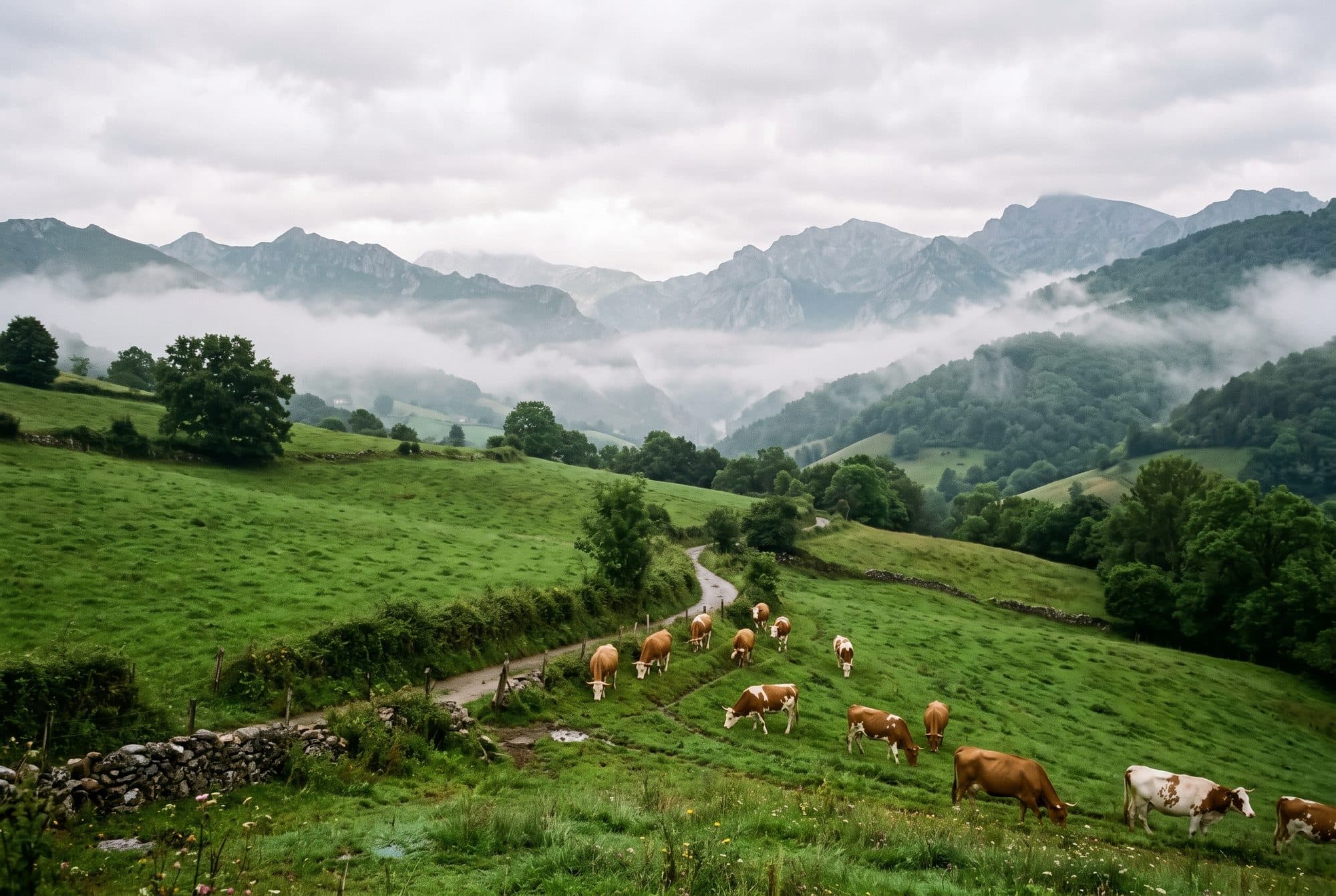 Prados de Cantabria con vacas y niebla en el monte