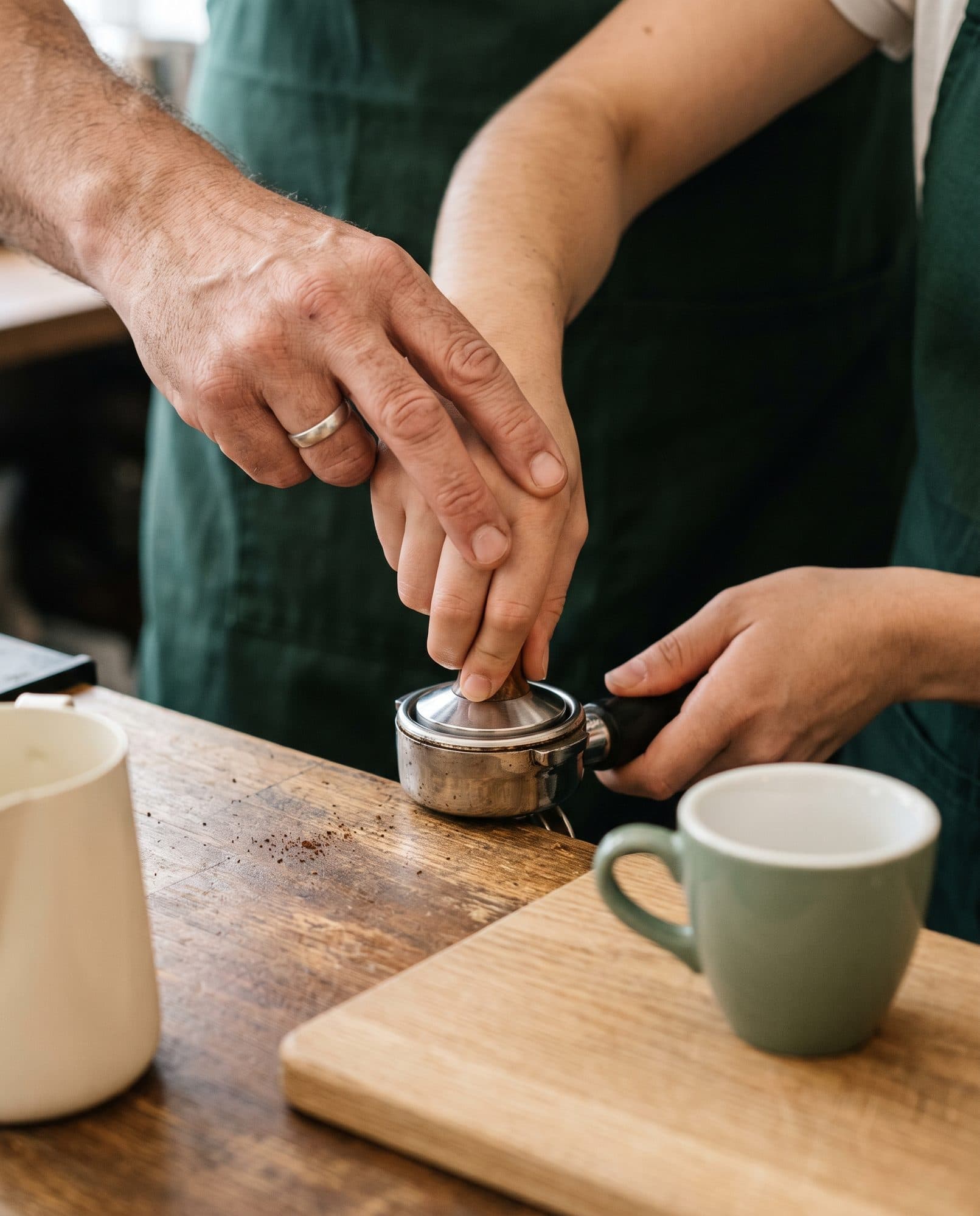 La formadora guía la mano de un alumno al prensar el café